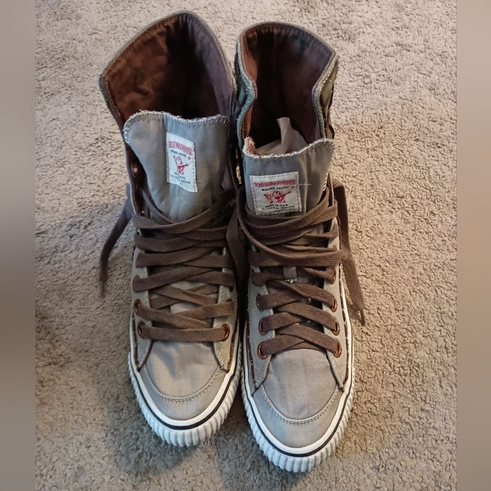 True Religion Canvas Sneakers Fold Over Gray/Army High Tops Mens Sz 9.5 PREOWNED - Picture 2 of 6